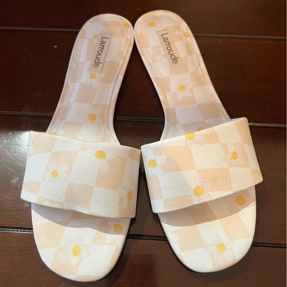LARROUDÉ Ivy Checker Print Leather Slide Sandals Ivory Size 7 NWOB - Picture 3 of 7